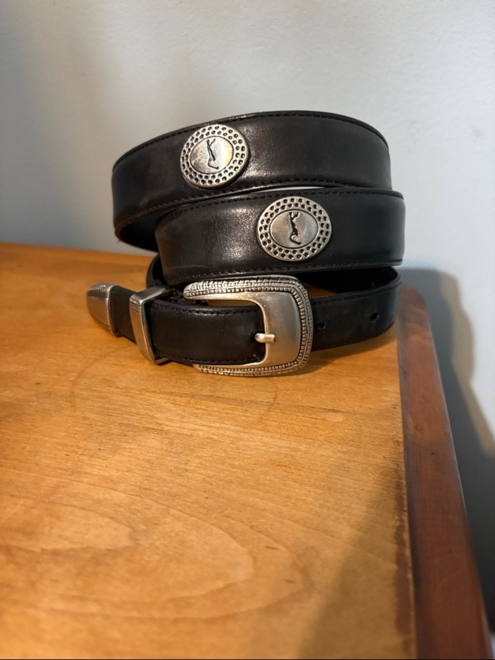PGA Tour size 38 Black Leather Belt with Silver Tone Buckle and Medallions Golf